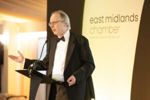 Picture of DMU Professor David Rae speaking at East Midlands Chamber President's Annual Dinner 2024